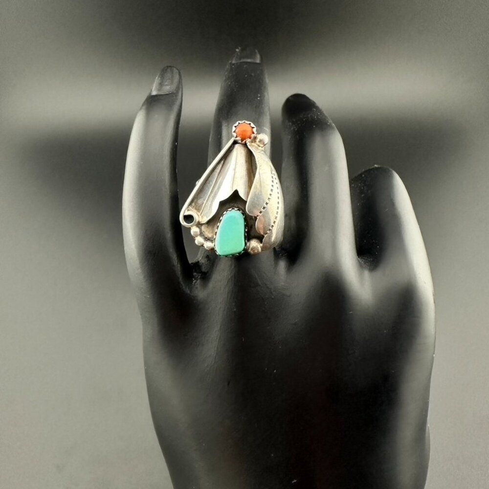 Unique Vintage Native American Turquoise & Coral Sterling Silver Ring Size 6 - Picture 3 of 8